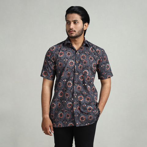 Dark Grey - Bagru Block Printed Cotton Men Half Sleeve Shirt