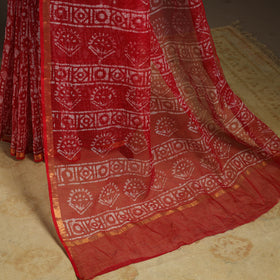 Red Kota Doria Cotton Hand Batik Print Saree