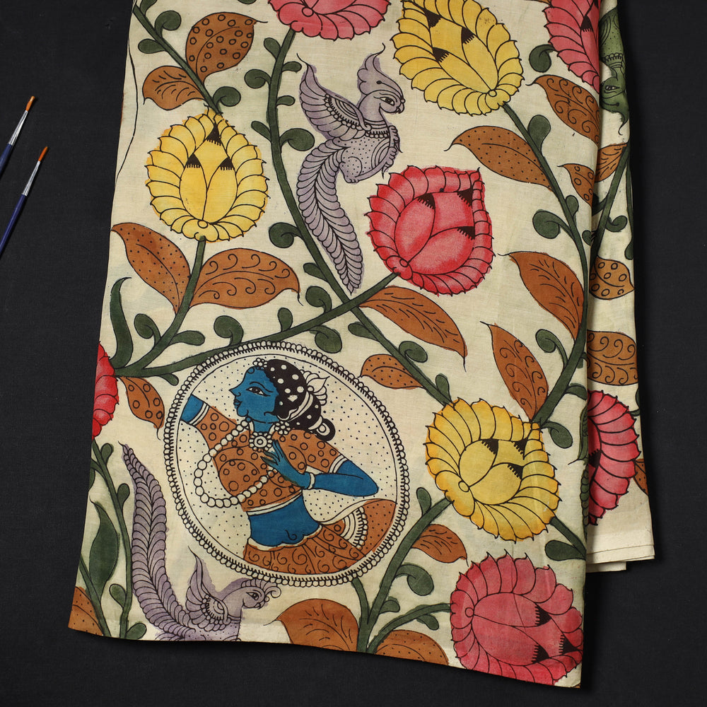 White - Bangalore Silk Srikalahasti Handpainted Pen Kalamkari Fabric 12