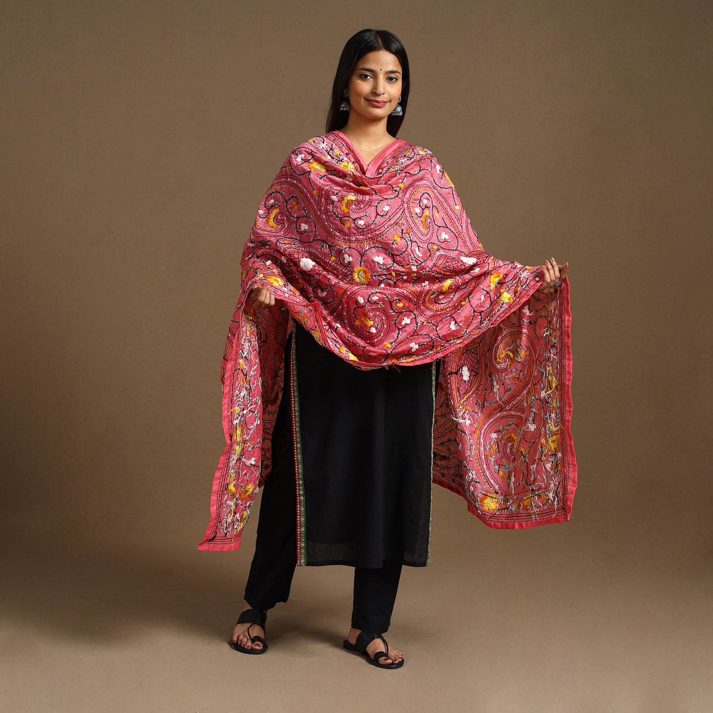  Pink Ranihati Chanderi Silk Hand Embroidery Dupatta