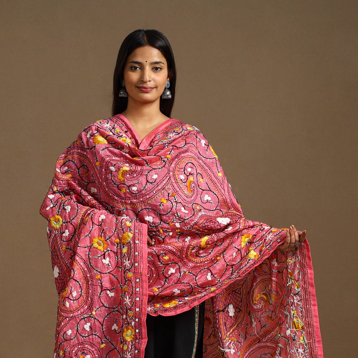  Pink Ranihati Chanderi Silk Hand Embroidery Dupatta