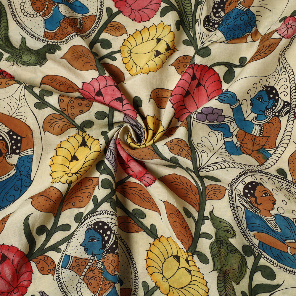 White - Bangalore Silk Srikalahasti Handpainted Pen Kalamkari Fabric 12