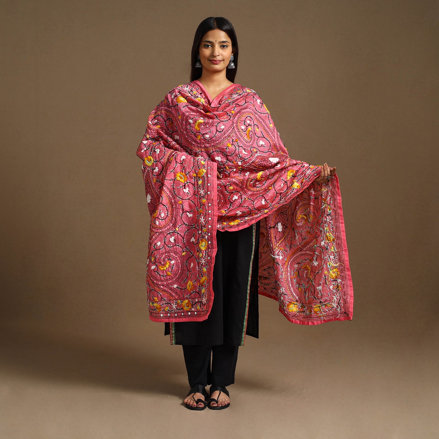  Pink Ranihati Chanderi Silk Hand Embroidery Dupatta