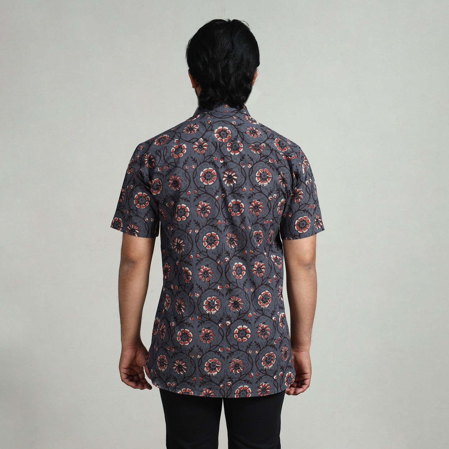 Dark Grey - Bagru Block Printed Cotton Men Half Sleeve Shirt