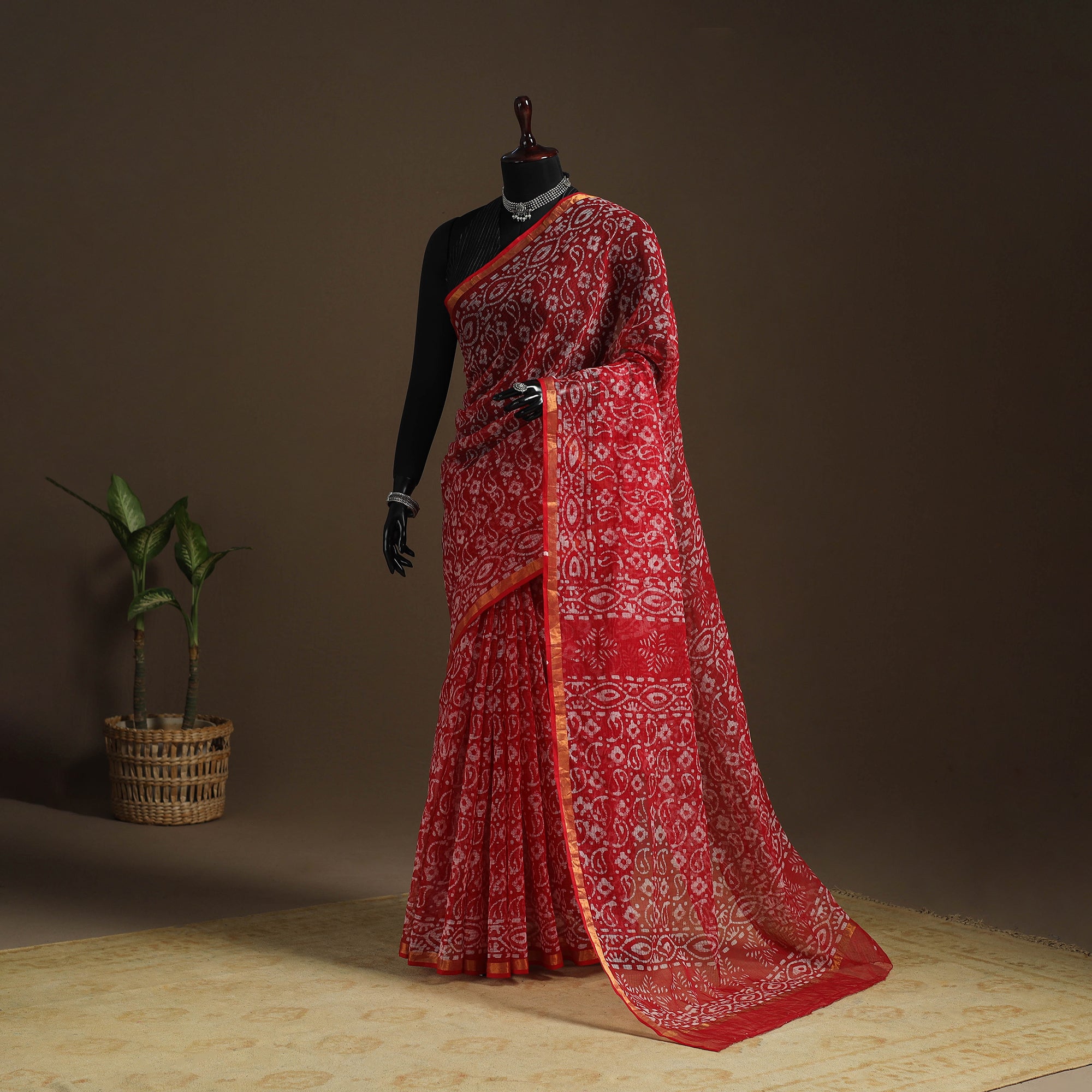 Red Kota Doria Cotton Hand Batik Print Saree