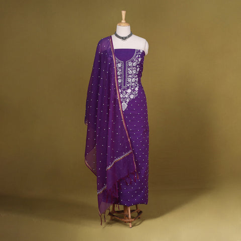 Purple 2pc Mul Chanderi Unstitched Chikankari Dress Material