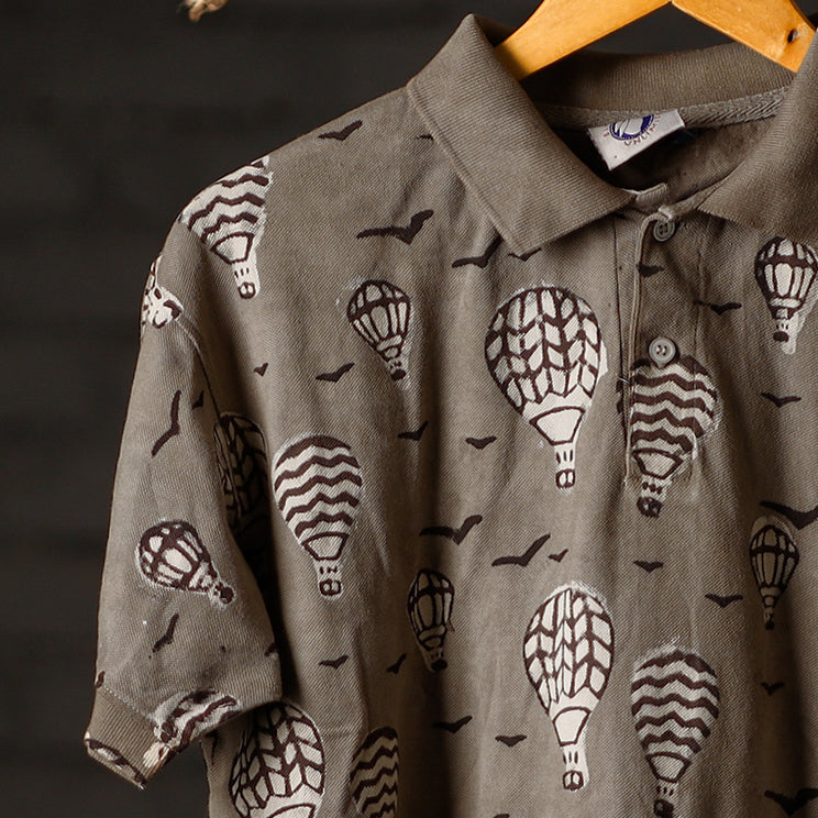 Brown- Bindaas Natural Dyed Art Block Print Polo Collar T-shirt in Cotton