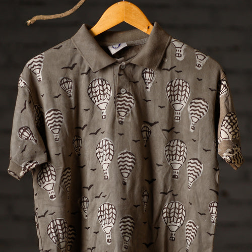 Brown- Bindaas Natural Dyed Art Block Print Polo Collar T-shirt in Cotton