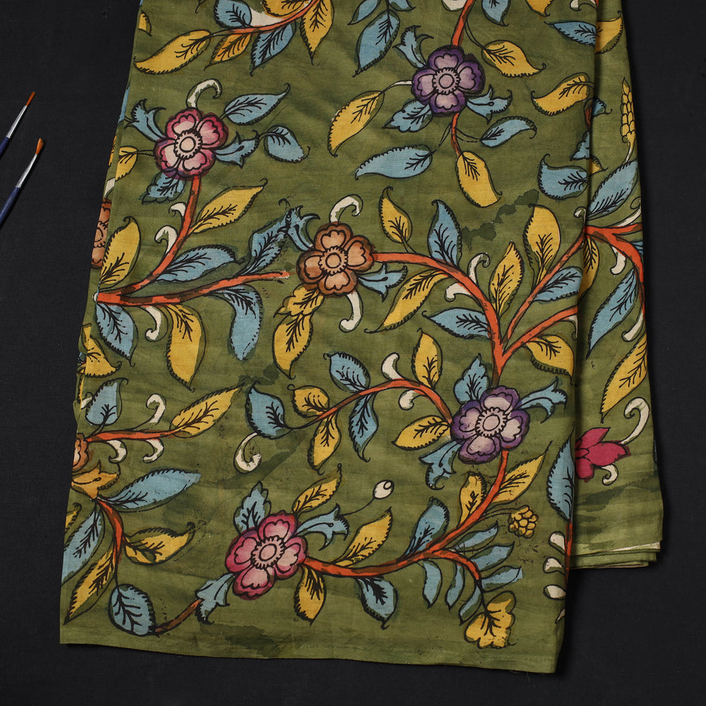 Green - Bangalore Silk Srikalahasti Handpainted Pen Kalamkari Fabric 14