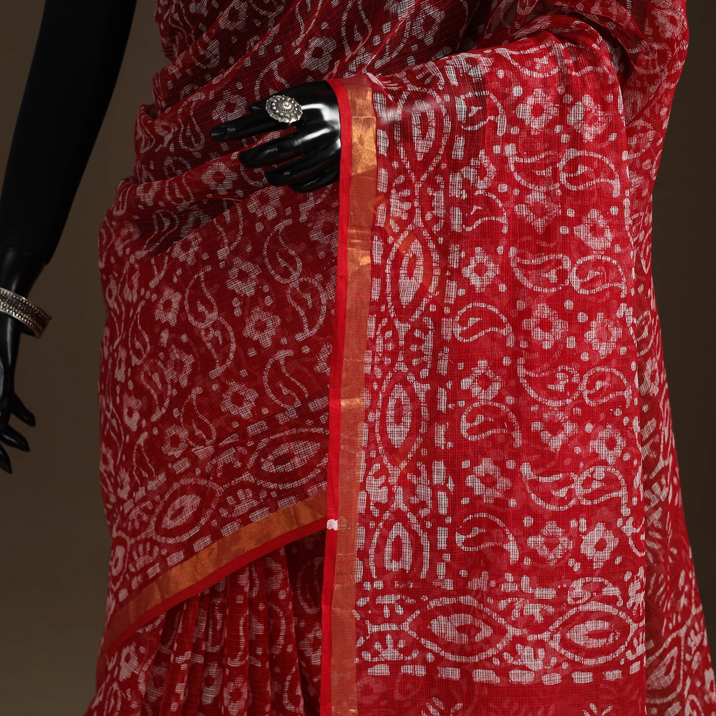 Red Kota Doria Cotton Hand Batik Print Saree