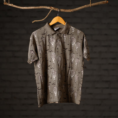 Brown- Bindaas Natural Dyed Art Block Print Polo Collar T-shirt in Cotton