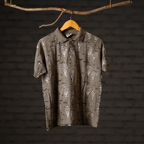 Brown- Bindaas Natural Dyed Art Block Print Polo Collar T-shirt in Cotton