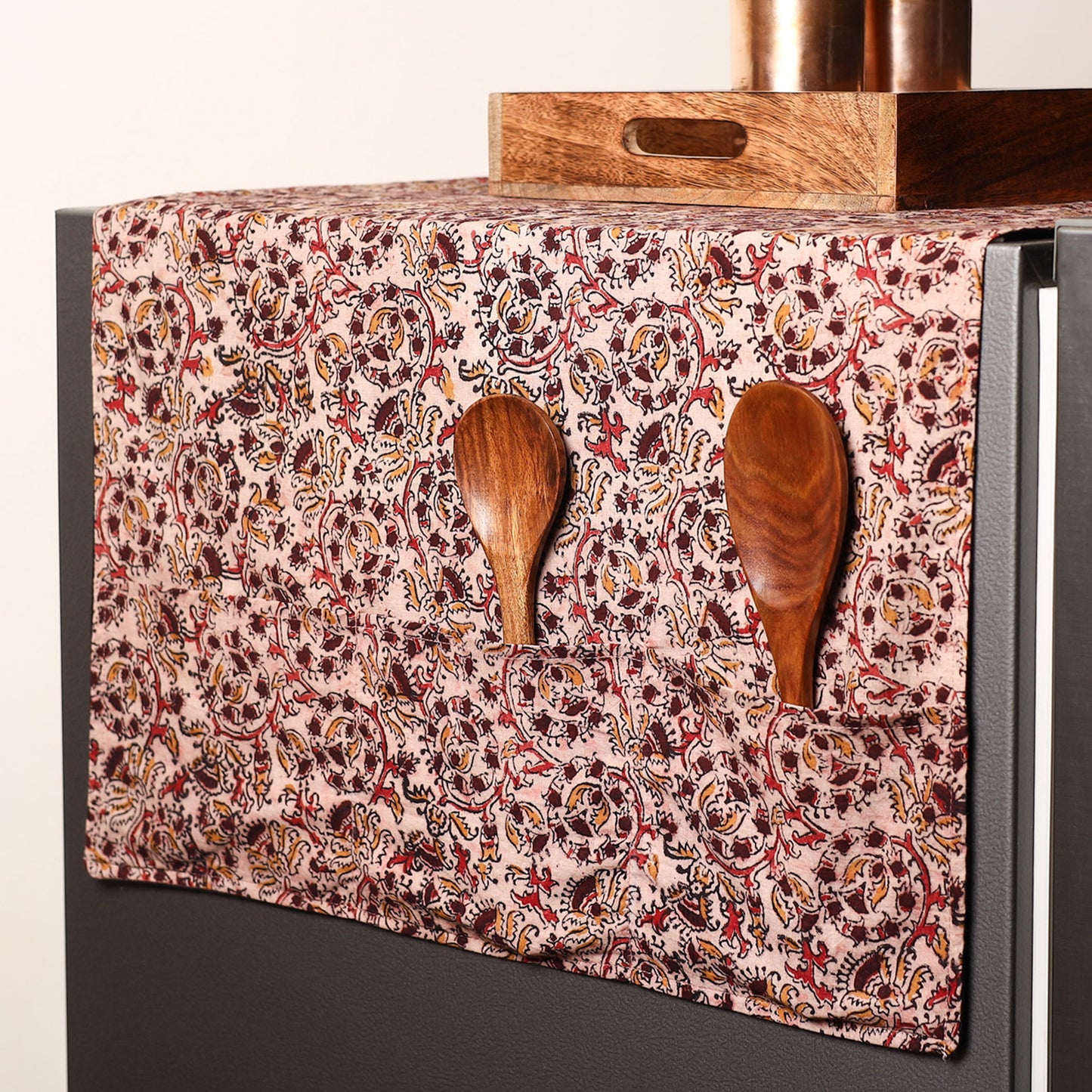 Beige Handmade Cotton Fridge Top Cover with Multiple Pockets