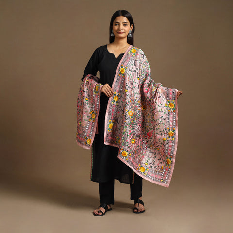  Pink Ranihati Chanderi Silk Hand Embroidery Dupatta