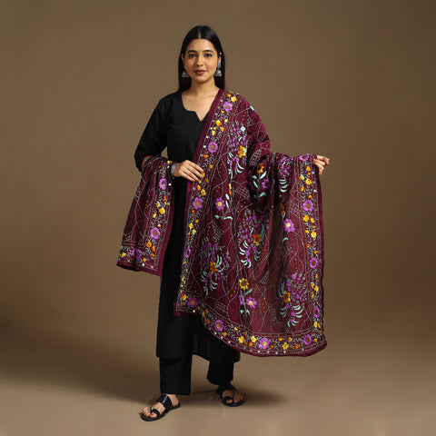  Purple Ranihati Chanderi Silk Hand Embroidery Dupatta