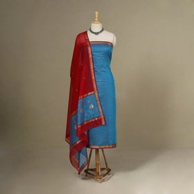 Blue - 3pc Handloom Nakshi Zari Unstitched Chanderi Silk Dress Material 