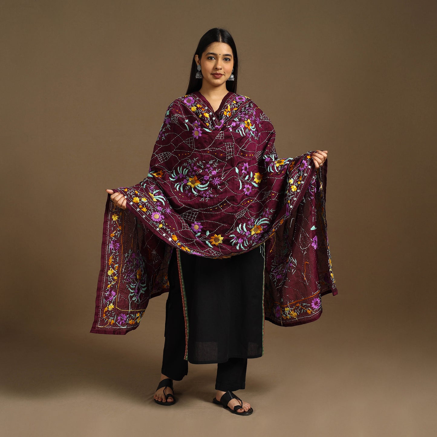  Purple Ranihati Chanderi Silk Hand Embroidery Dupatta
