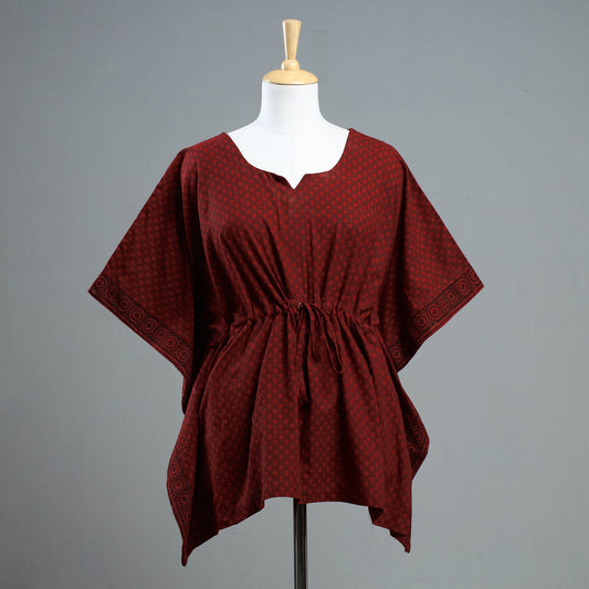 Red - Bagh Block Printed Cotton Kaftan with Tie-Up Waist (Short)
