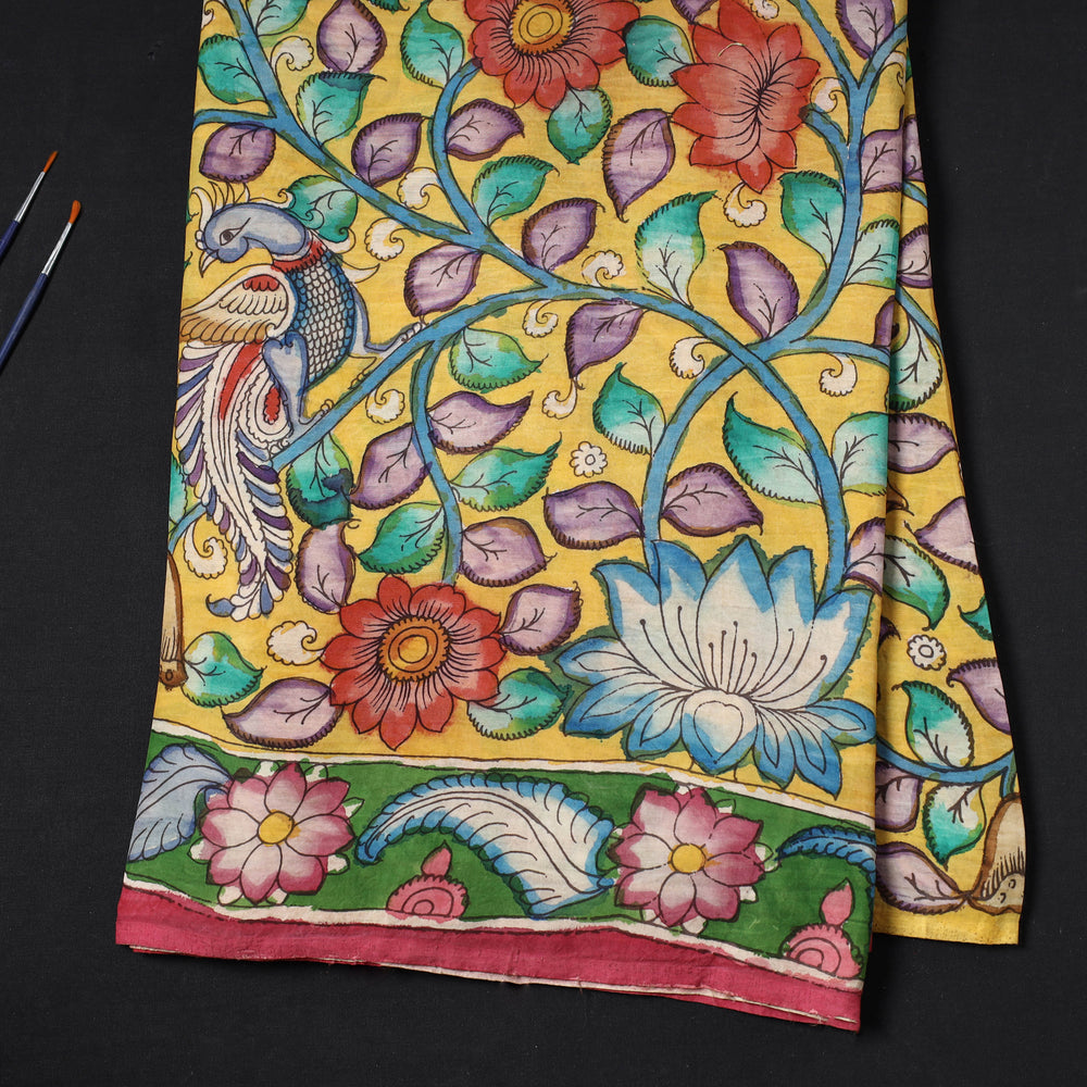 Yellow - Bangalore Silk Srikalahasti Handpainted Pen Kalamkari Fabric 16