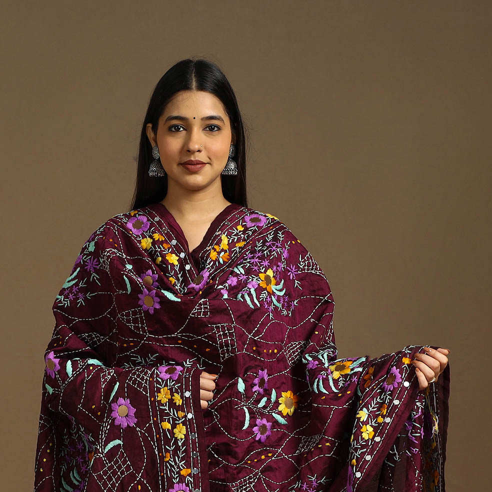  Purple Ranihati Chanderi Silk Hand Embroidery Dupatta