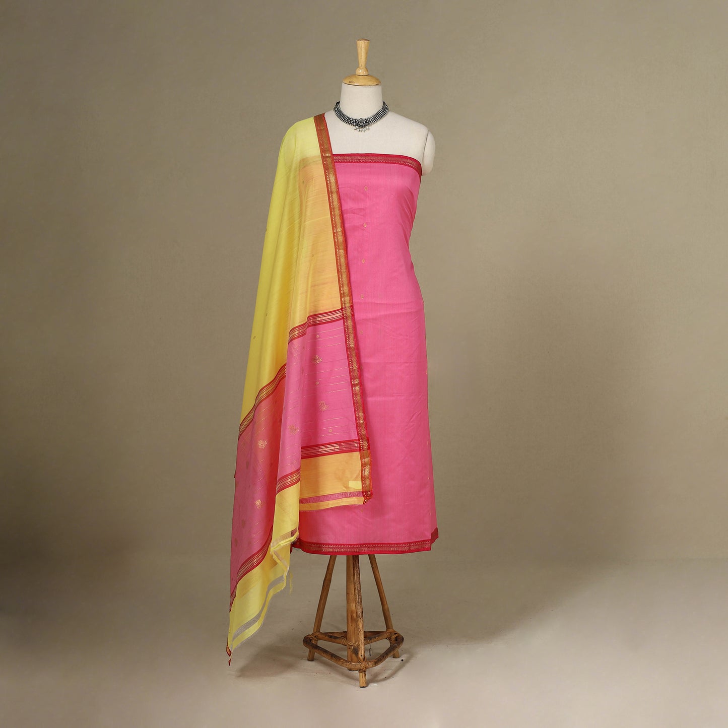Pink - 3pc Handloom Nakshi Zari Unstitched Chanderi Silk Dress Material 