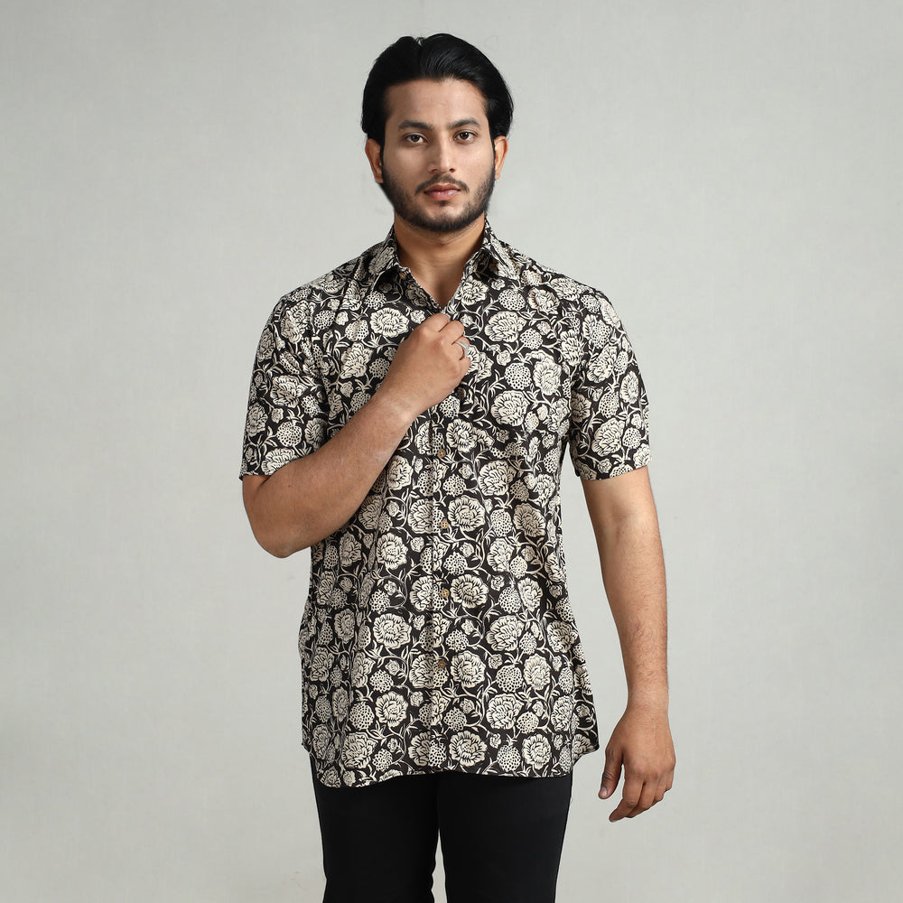 Black - Bagru Block Printed Cotton Men Half Sleeve Shirt