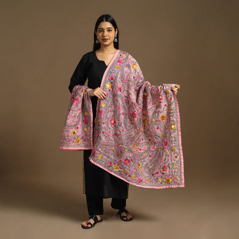  Pink Ranihati Chanderi Silk Hand Embroidery Dupatta