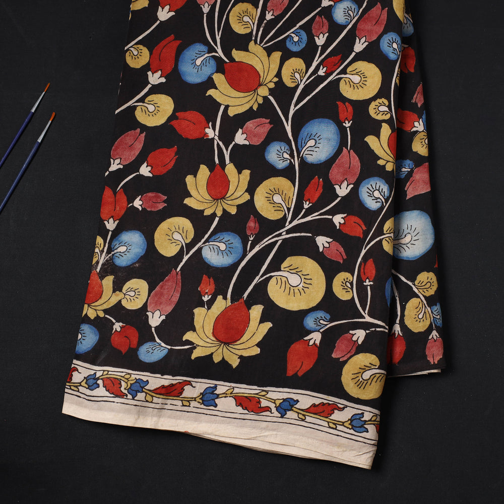 Black - Bangalore Silk Srikalahasti Handpainted Pen Kalamkari Fabric 17