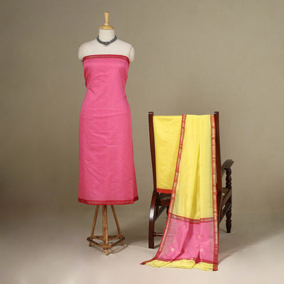 Pink - 3pc Handloom Nakshi Zari Unstitched Chanderi Silk Dress Material 