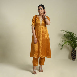 Orange Lace Work Fine Tissue Zari Plain Anarkali Kurta Set for Women