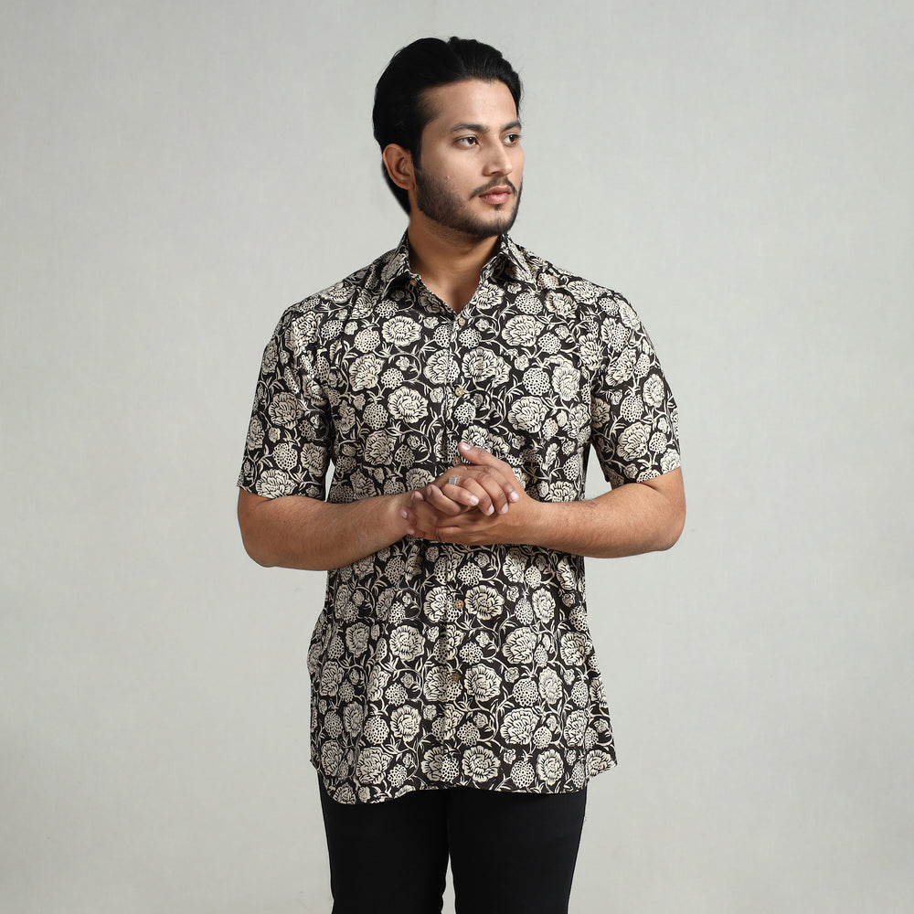 Black - Bagru Block Printed Cotton Men Half Sleeve Shirt