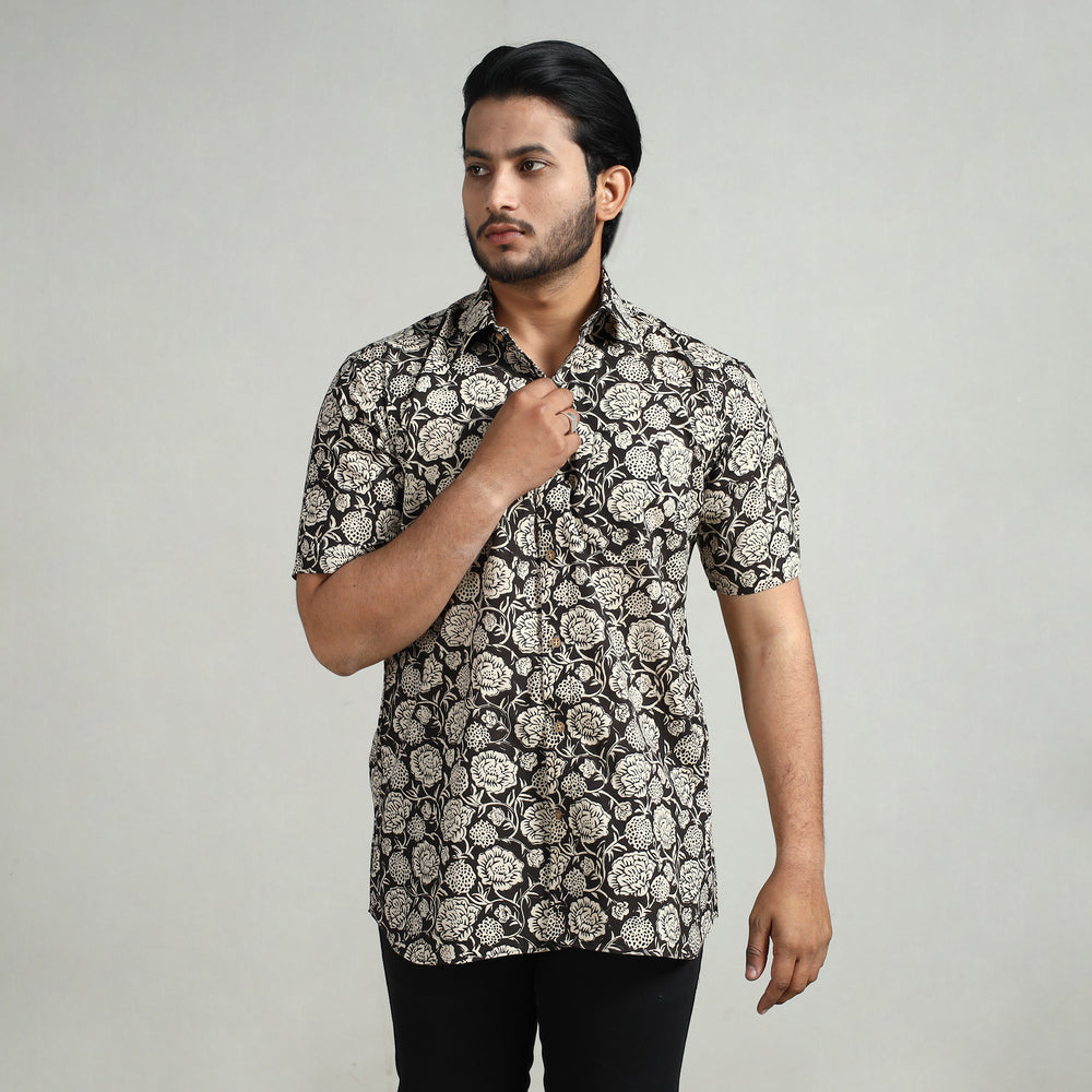 Black - Bagru Block Printed Cotton Men Half Sleeve Shirt