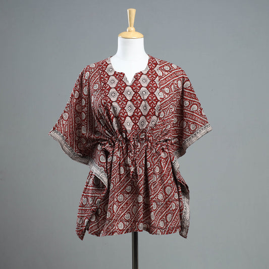 Red - Bagh Block Printed Cotton Kaftan with Tie-Up Waist (Short)