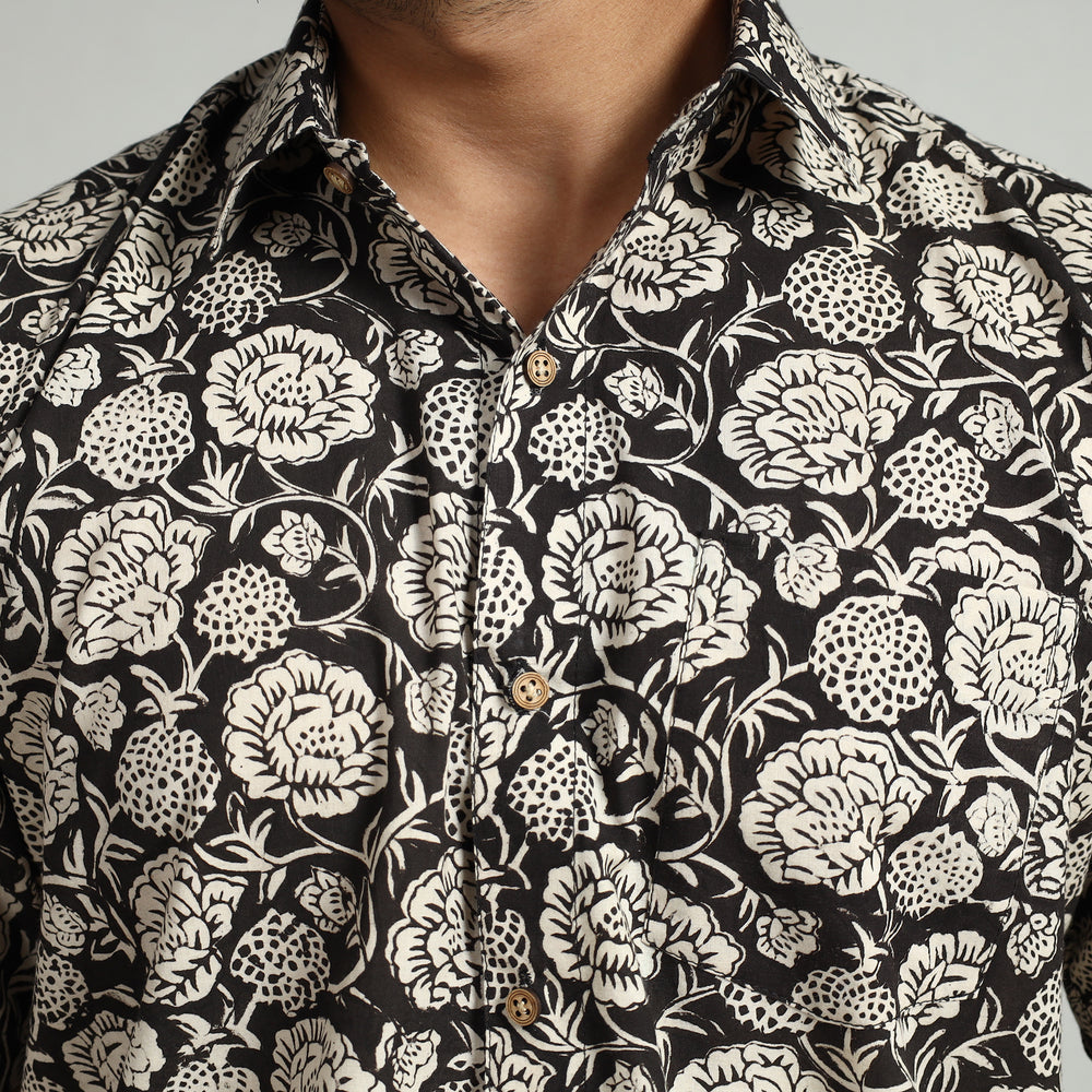 Black - Bagru Block Printed Cotton Men Half Sleeve Shirt