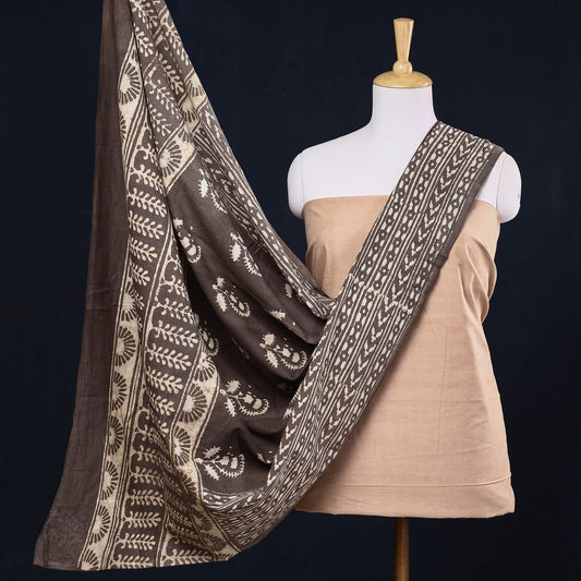 Beige - 2pc Mangalagiri Handloom Cotton Suit Material with Pipad Block Printed Mul Cotton Dupatta