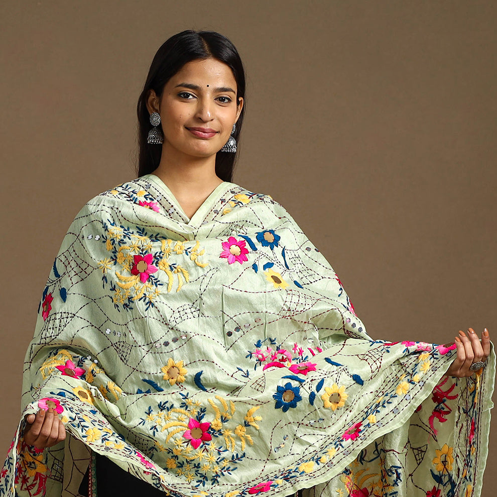 Blue - Ranihati Madhubani Chapa Work Chanderi Silk Hand Embroidery Dupatta 150
