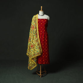 Red - Kutch Bandhani Tie-Dye Cotton 2pc Unstitched Dress Material Kurta Set with Earrings 28