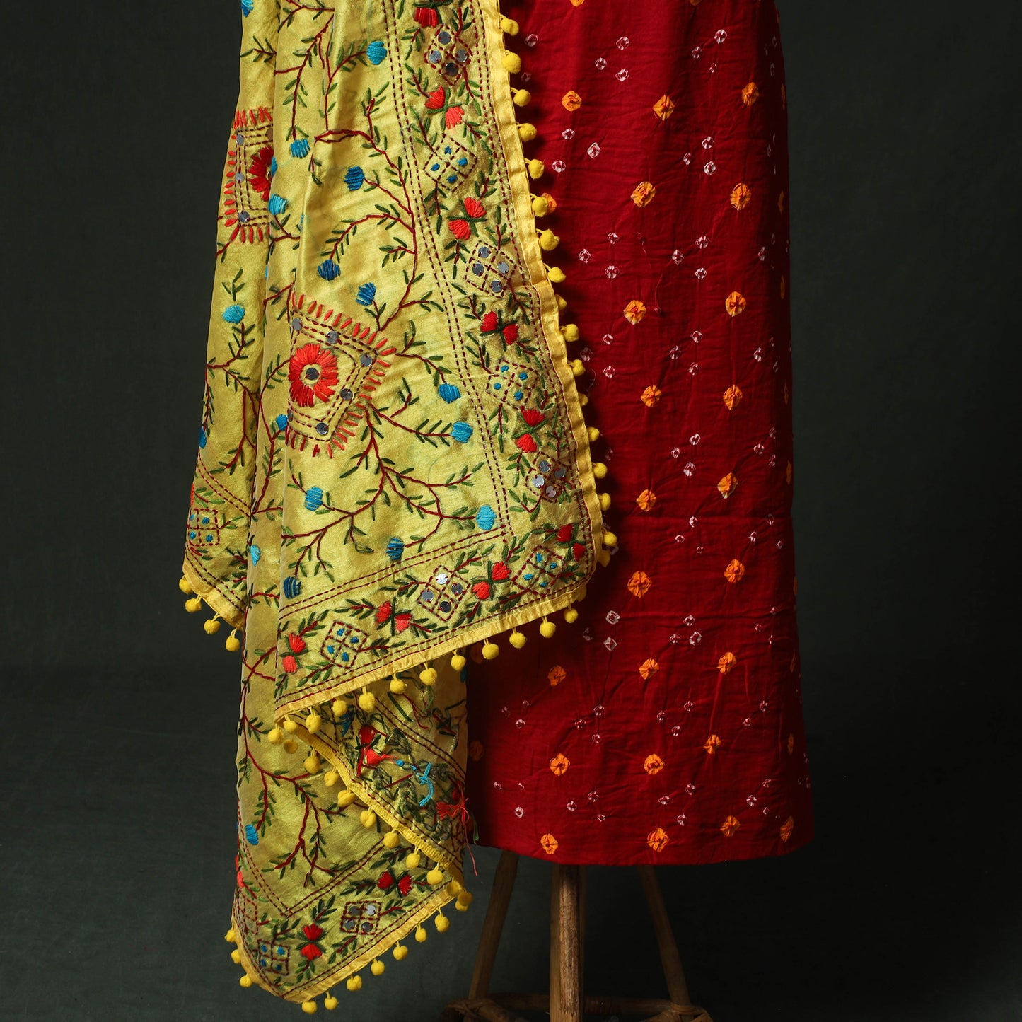 Red - Kutch Bandhani Tie-Dye Cotton 2pc Unstitched Dress Material Kurta Set with Earrings 28