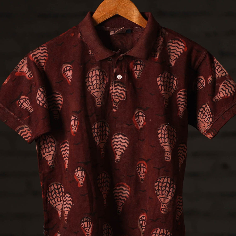 Maroon - Bindaas Natural Dyed Art Block Print Polo Collar T-shirt in Cotton