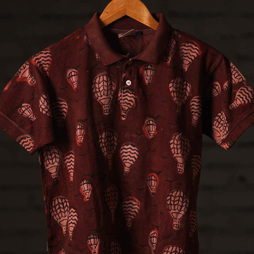 Maroon - Bindaas Natural Dyed Art Block Print Polo Collar T-shirt in Cotton