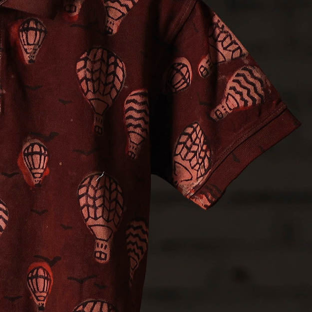 Maroon - Bindaas Natural Dyed Art Block Print Polo Collar T-shirt in Cotton