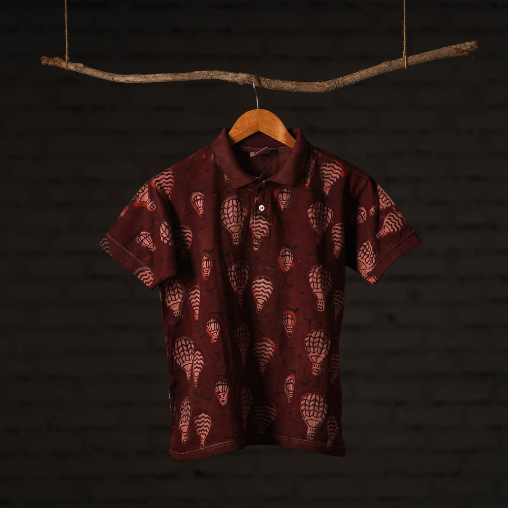 Maroon - Bindaas Natural Dyed Art Block Print Polo Collar T-shirt in Cotton