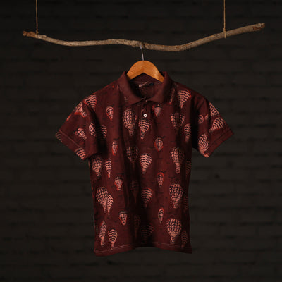 Maroon - Bindaas Natural Dyed Art Block Print Polo Collar T-shirt in Cotton