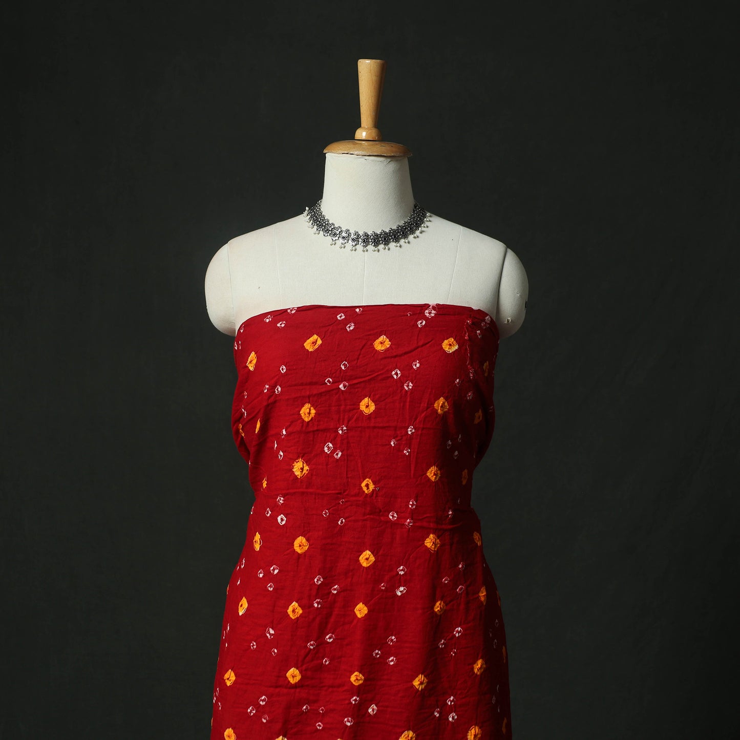 Red - Kutch Bandhani Tie-Dye Cotton 2pc Unstitched Dress Material Kurta Set with Earrings 28