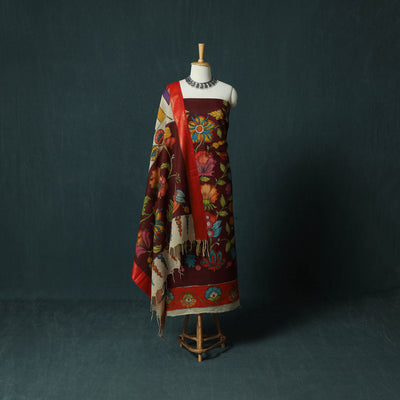 Handpainted Srikalahasti Pen Work Kalamkari Bangalore Silk 2pc Unstitched Dress Material Kurta Set 14