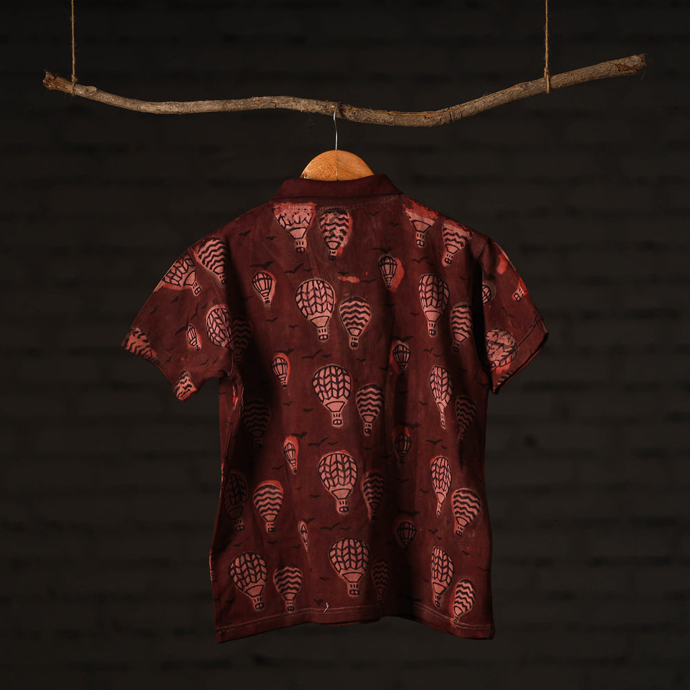 Maroon - Bindaas Natural Dyed Art Block Print Polo Collar T-shirt in Cotton