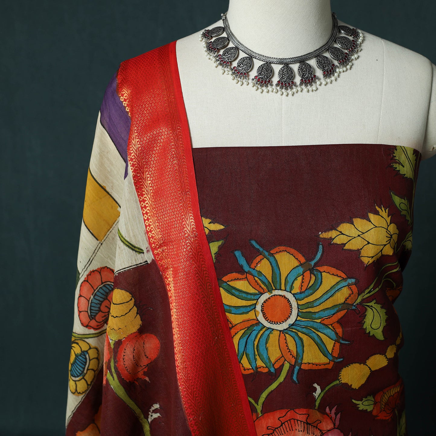 Handpainted Srikalahasti Pen Work Kalamkari Bangalore Silk 2pc Unstitched Dress Material Kurta Set 14