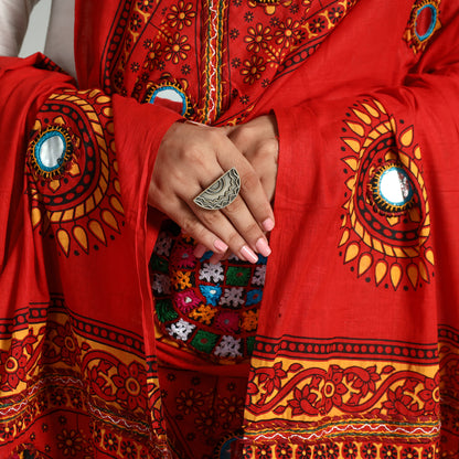 Red - Kutch Hand Embroidery Mirror Work Printed Cotton Dupatta 41