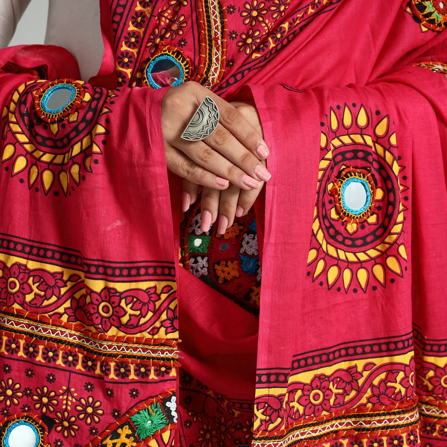 Pink - Kutch Hand Embroidery Mirror Work Printed Cotton Dupatta 42