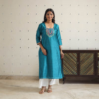 Mahira Dark Green Gota Work Slub Silk Plain Kurta